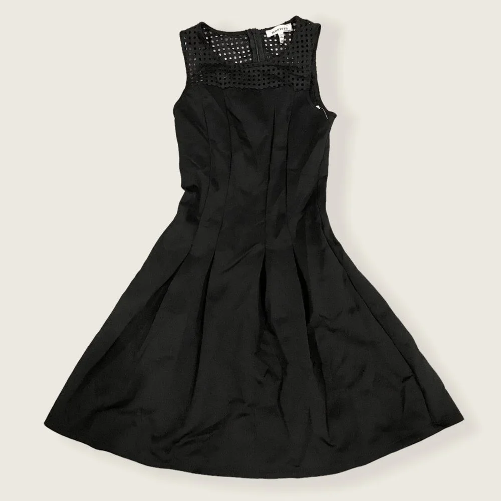 Lulu's Black Square Cutout Classic Basic Black Mini Pleated Formal Skater Dress